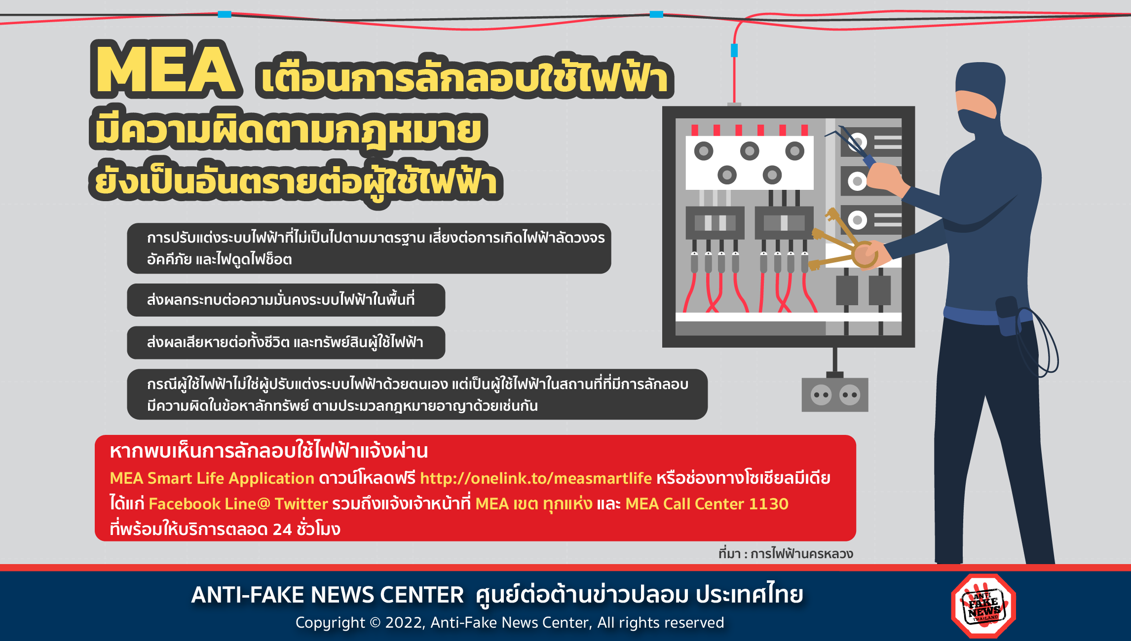 MEA เตือนการลักลอบใช้ไฟฟ้ามีความผิดตามกฎหมาย ยังเป็นอันตรายต่อผู้ใช้ไฟฟ้า